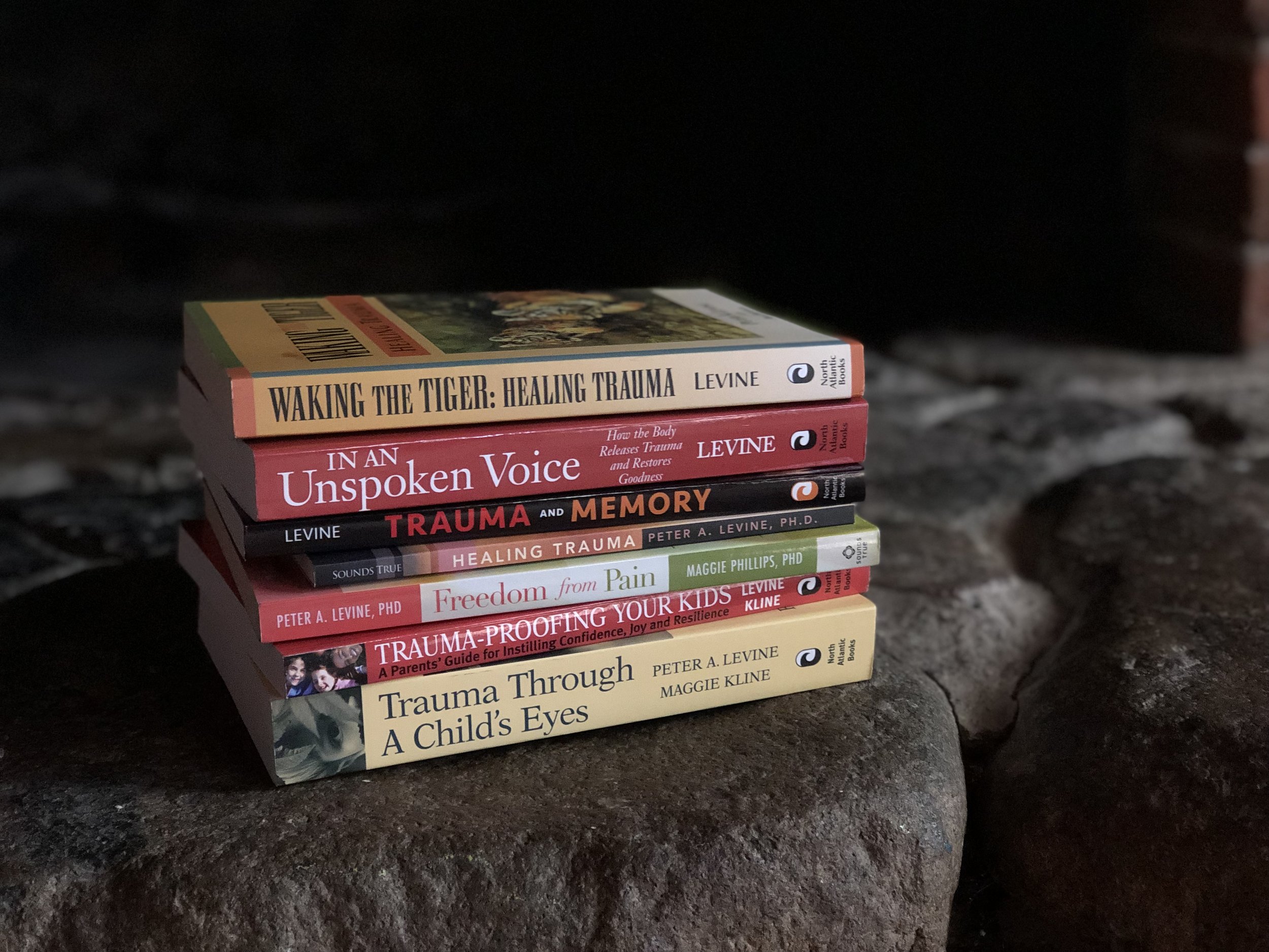 Stack of seven books on trauma and healing, placed on a dark, textured surface against a black background.