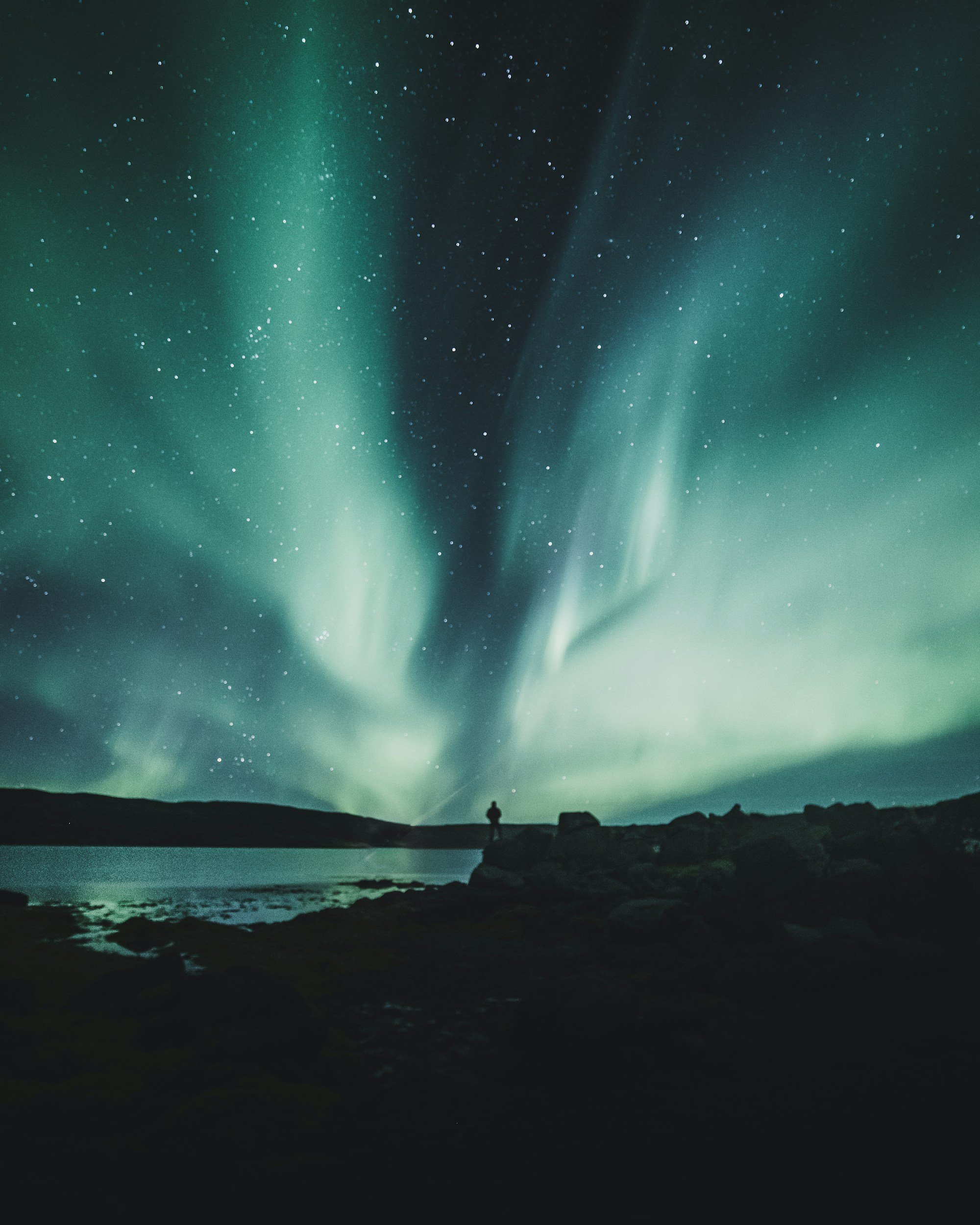 Northern lights over a person standing near a rocky shoreline with a body of water, under a starry night sky.